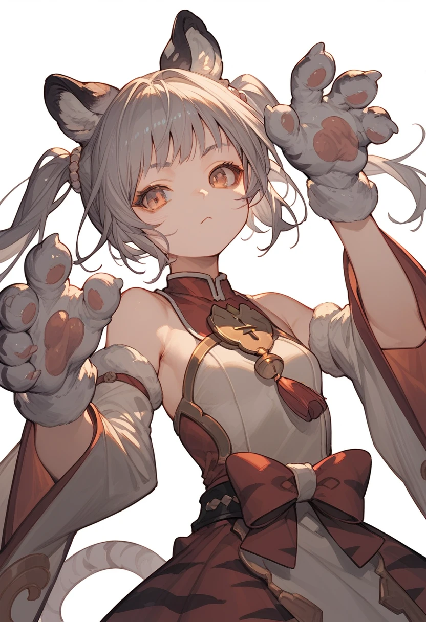 Masterpiece, 1girl,solo,bai and huang, animal ears,silver hair,small breasts,dress,bare shoulders,wide sleeves,sleeveless,hands up,animal hands,tiger paws,white fur, white background, simple background, upper body, score_9,score_8_up,score_7_up,score_6_up,