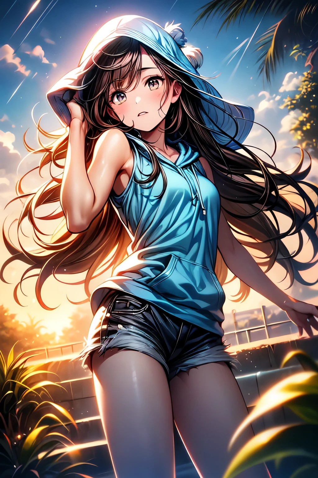 1girl, sad, head tilt, beautiful face, toned arms, hand in hair, small breasts, swept bangs, long sidelocks, brown hair, very long hair, hair blowing in wind, brown eyes, looking down, teal sleeveless hoodie, jean shorts, hood up, dusk, clouds, tropical plants, raining, sweat, ( better quality , high resolution), oil painting:1.1, ( vibrant colors, Soft lighting), (detailed eyes, Detailed lips ).
