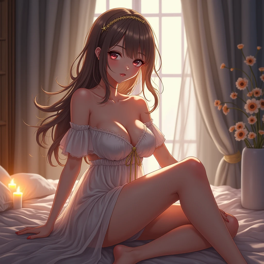 (Anime:1.2), beautiful woman, sitting on bed, undressed