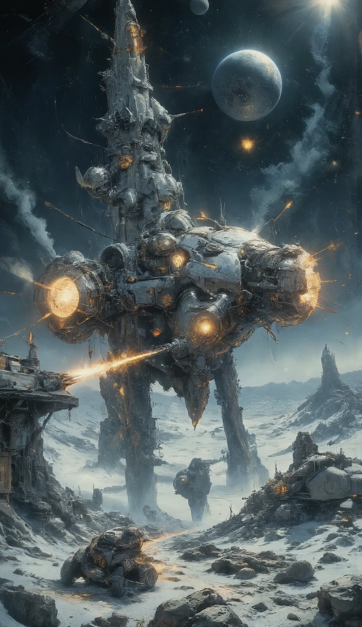 A very beautiful landscape of moon-surface. beautiful magnificent military base\(Beautiful architecture. runway\(many combat spacecraft\(maneuvered \)\) at moon surface. marshaller\(in a combat suit\) guiding spaceship takeoff. The last line of defense.Science fiction. Preparing for battle. Sparks of battle are flying in the sky. earth in the sky. Beautiful. longshot. realistic movie scene