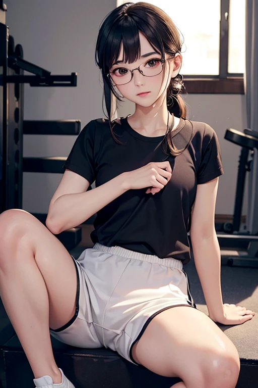 (( best quality)), ((傑 best quality、masterpiece、High sensitivity、 high definition 、 Details、 Delicate Facial Description)), Slender woman、Glasses、 gym clothes、Bloomer outfit、 gym sitting 、