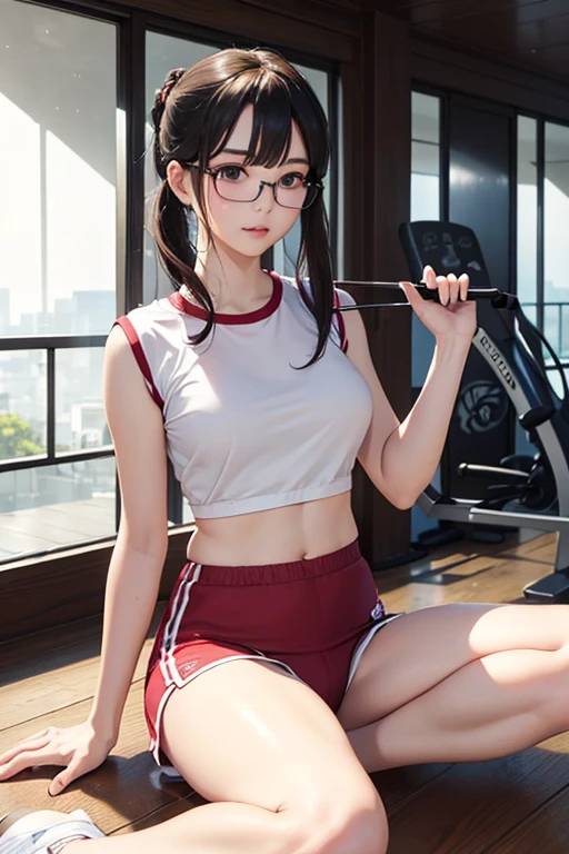 (( best quality)), ((傑 best quality、masterpiece、High sensitivity、 high definition 、 Details、 Delicate Facial Description)), Slender woman、Glasses、 gym clothes、Bloomer outfit、 gym sitting 、