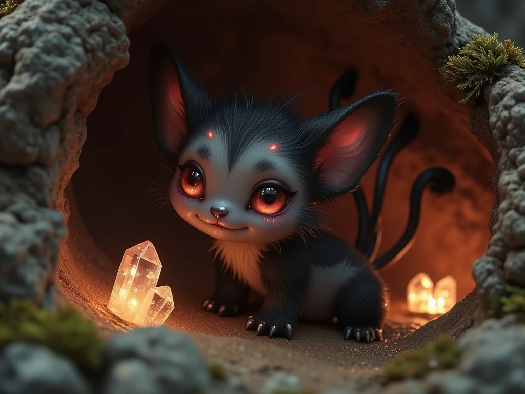 ((masterpiece))  ((Highest quality))  ((photography))  
A cute imaginary baby animal in a small cave, featuring soft, feather-like fur in black and gray tones, three glowing red eyes, two tails, and six small, delicate paws. The creature is nestled in a cozy corner of the cave, surrounded by soft moss and faintly glowing crystals, with a warm, gentle light filtering in to highlight its unique and adorable features.