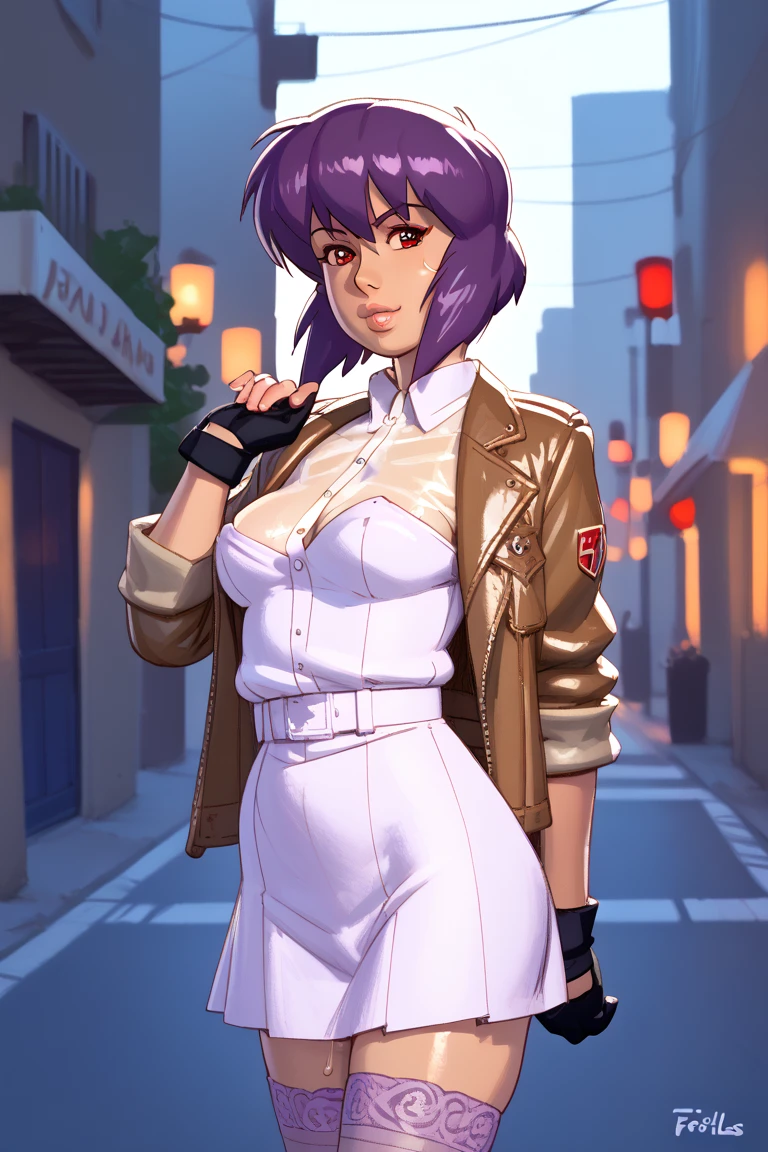 NSFW render of motoko kusanagi hentai scenes. motoko is alone in a dark and wet parking garage. she is wearing her tan military dress uniform. tan jacket, white undershirt, red dit, skirt, pantyhose. . author: (fossa666:1.5)r (taran fiddler:1.5),\ (pixel sketcher:1.4) masterpiece, detailed Bonifasko lighting, [crepuscular ray], best details, real life, depth of field, detailed background ; dim lighting, flashlight lighting, solo, . . ,female, (motoko kusanagi ), (\), ,, (motoko kusanagi:1.2), seductive walk, femme, genitals, , medium breasts, clear details, (, realistic sweaty skin textures, translucent body, you can see under her skin, , ,s, stand alone complex, various poses, ,, gloves, stockings, 1girl, one girl, 1girl, solo, 
