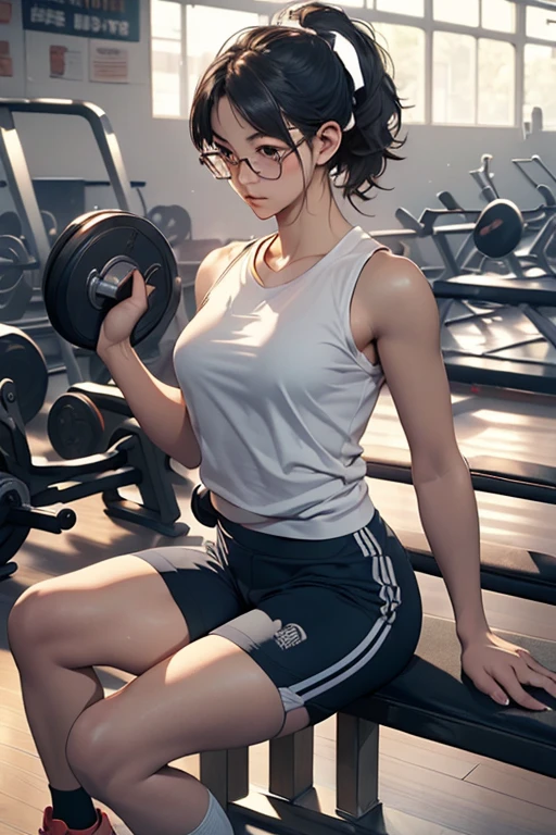 (( best quality)), ((傑 best quality、masterpiece、High sensitivity、 high definition 、 Details、 Delicate Facial Description)), Slender woman、Glasses、 gym clothes、Bloomer outfit、 gym sitting 、
