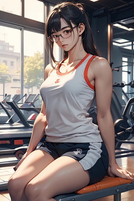 (( best quality)), ((傑 best quality、masterpiece、High sensitivity、 high definition 、 Details、 Delicate Facial Description)), Slender woman、Glasses、 gym clothes、Bloomer outfit、 gym sitting 、
