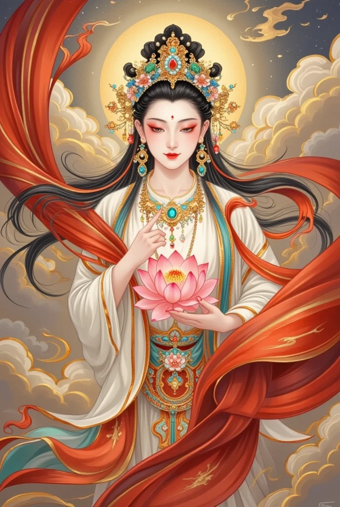 Flying，flowing red silk， A beautiful goddess with a background of golden clouds and sky,Portrait of a very beautiful girl，The benevolent statue of Tara Bodhisattva， red eyeshadow， red face ，Red lips，，front， skin details ，Fine hair。Crown(Dot emerald +Cloisonne+ filigree enamel+flower+pearl+tassel)， upper body , 手持莲flower .  fair skin , Surrounded by clouds ， with a golden halo on her face .(((Red Silk Streamer )))
