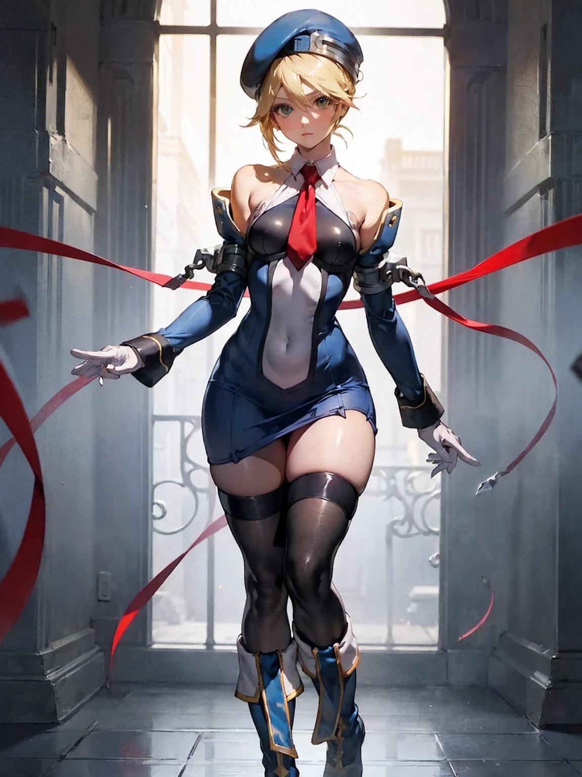 (masterpiece,  best quality,  high definition ), pin-up shot that makes your hips pop,  1 girl , Noel, Thigh length,   boots, beret, tie,  Detachable Sleeves ,  short hair, black Thigh length, ribbon, Gloves,  dress,  absolute domain,  bare shoulder , short  dress, Hip Sway, Hips stick out, Default Lyn with hands on back ,