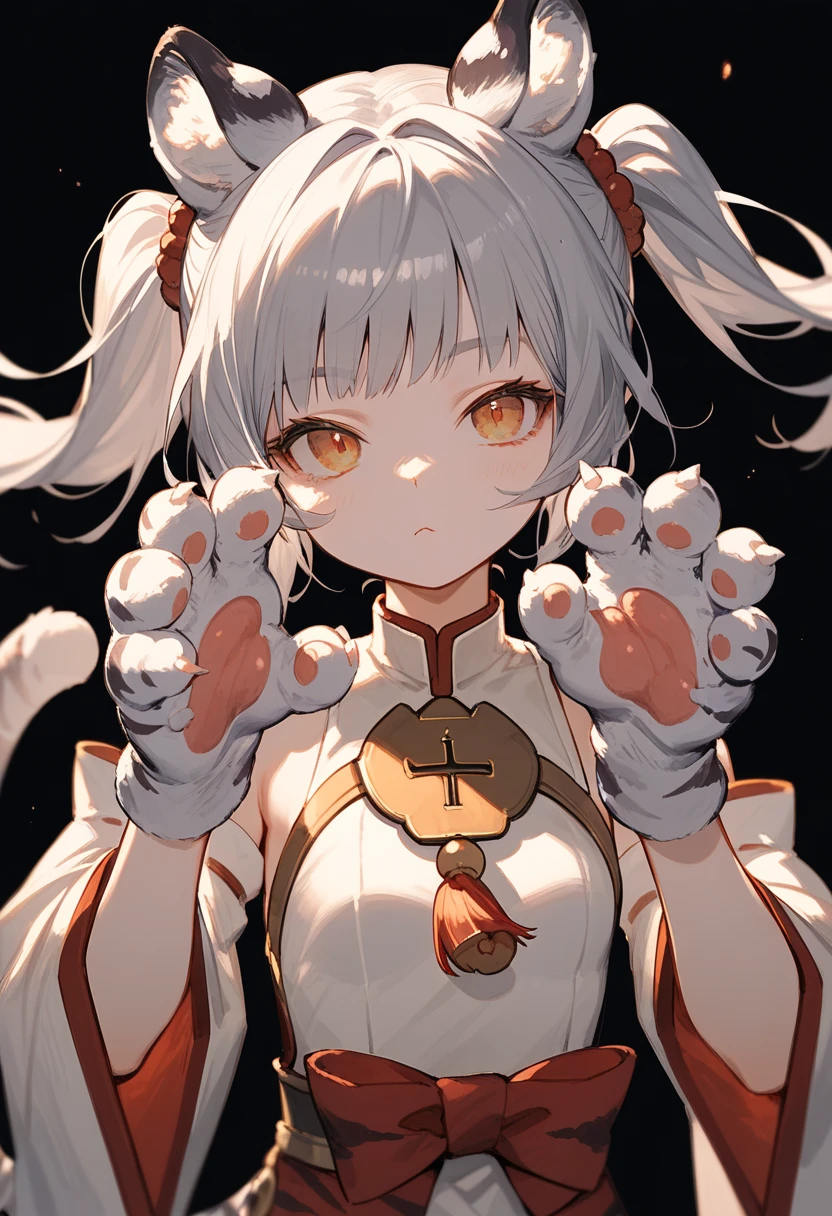 Masterpiece, 1girl,solo,bai and huang, animal ears,silver hair,small breasts,dress,bare shoulders,wide sleeves,sleeveless,hands up,animal hands,tiger paws,white fur, black background, simple background, face light up, upper body, score_9,score_8_up,score_7_up,score_6_up,