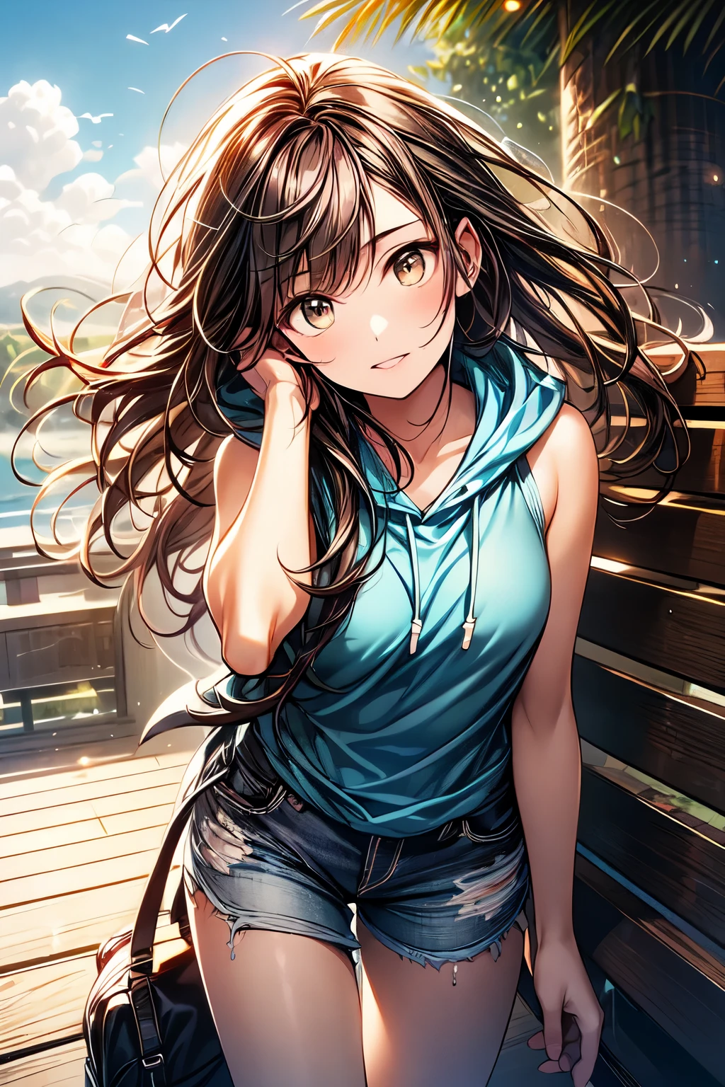 1girl, head tilt, beautiful face, toned arms, hand in hair, small breasts, swept bangs, long sidelocks, brown hair, very long hair, hair blowing in wind, brown eyes, looking down, teal sleeveless hoodie, jean shorts, clouds, tropical plants, sweat, ( better quality , high resolution), oil painting:1.1, ( vibrant colors, Soft lighting), (detailed eyes, Detailed lips ).