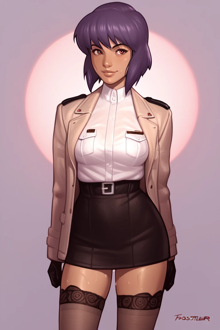 NSFW render of motoko kusanagi hentai scenes. motoko is alone in a dark and wet parking garage. she is wearing her tan military dress uniform. tan jacket, white undershirt, red dit, skirt, pantyhose. . author: (fossa666:1.5)r (taran fiddler:1.5),\ (pixel sketcher:1.4) masterpiece, detailed Bonifasko lighting, [crepuscular ray], best details, real life, depth of field, detailed background ; dim lighting, flashlight lighting, solo, . . ,female, (motoko kusanagi ), (\), ,, (motoko kusanagi:1.2), seductive walk, femme, genitals, , medium breasts, clear details, (, realistic sweaty skin textures, translucent body, you can see under her skin, , ,s, stand alone complex, various poses, ,, gloves, stockings, 1girl, one girl, 1girl, solo, 
