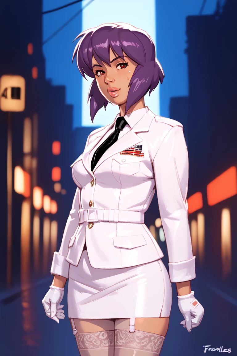 NSFW render of motoko kusanagi hentai scenes. motoko is alone in a dark and wet parking garage. she is wearing her tan military dress uniform. tan jacket, white undershirt, red dit, skirt, pantyhose. . author: (fossa666:1.5)r (taran fiddler:1.5),\ (pixel sketcher:1.4) masterpiece, detailed Bonifasko lighting, [crepuscular ray], best details, real life, depth of field, detailed background ; dim lighting, flashlight lighting, solo, . . ,female, (motoko kusanagi ), (\), ,, (motoko kusanagi:1.2), seductive walk, femme, genitals, , medium breasts, clear details, (, realistic sweaty skin textures, translucent body, you can see under her skin, , ,s, stand alone complex, various poses, ,, gloves, stockings, 1girl, one girl, 1girl, solo, 
