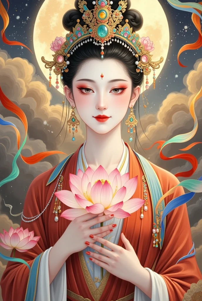 Flying，flowing red silk， A beautiful goddess with a background of golden clouds and sky,Portrait of a very beautiful girl，Statue of Tara Bodhisattva ， red eyeshadow， red face ，Red lips，，front， skin details ，Fine hair。Crown(Dot emerald +Cloisonne+ filigree enamel+flower+pearl+tassel)， upper body , 手持莲flower .  fair skin , Surrounded by clouds ， with a golden halo on her face .(((yarn，Red Silk Streamer )))
golden fantasy 。Glowing particles。 ray tracing 。