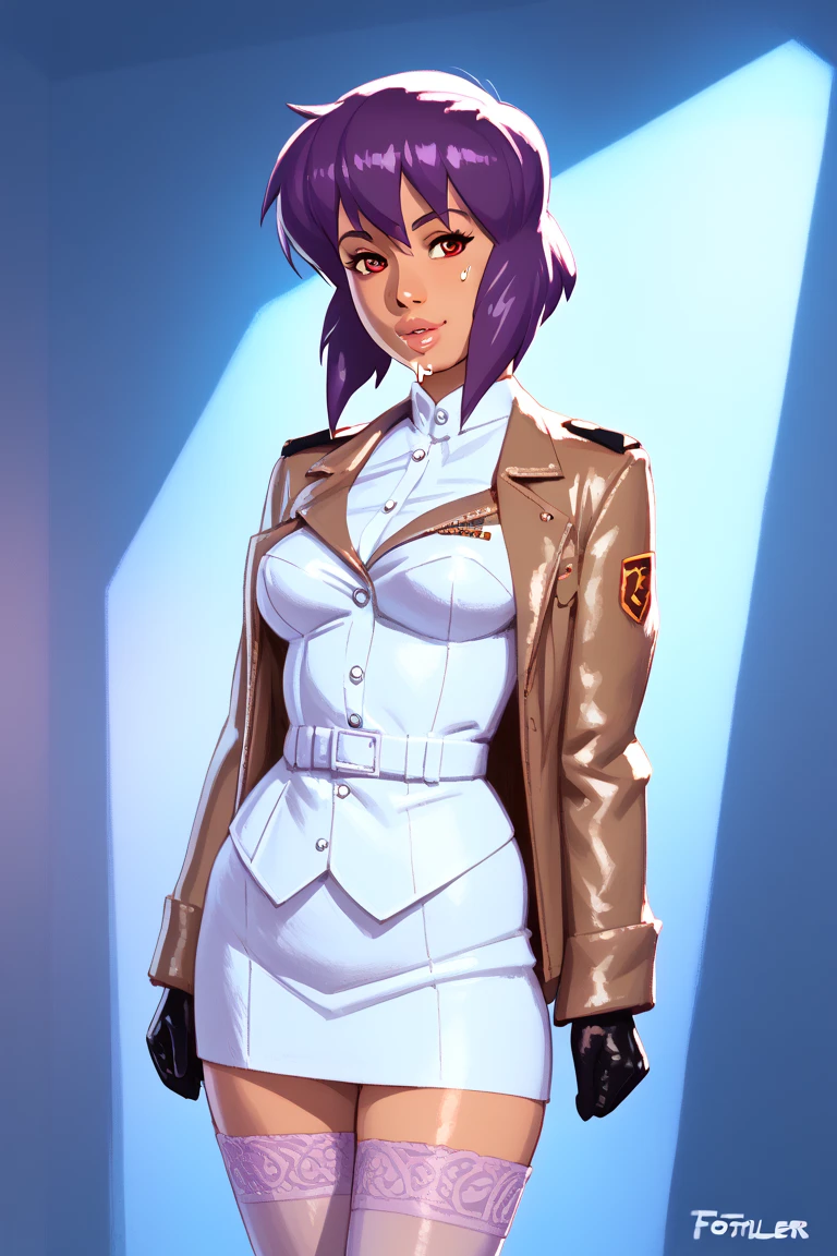 NSFW render of motoko kusanagi hentai scenes. motoko is alone in a dark and wet parking garage. she is wearing her tan military dress uniform. tan jacket, white undershirt, red dit, skirt, pantyhose. . author: (fossa666:1.5)r (taran fiddler:1.5),\ (pixel sketcher:1.4) masterpiece, detailed Bonifasko lighting, [crepuscular ray], best details, real life, depth of field, detailed background ; dim lighting, flashlight lighting, solo, . . ,female, (motoko kusanagi ), (\), ,, (motoko kusanagi:1.2), seductive walk, femme, genitals, , medium breasts, clear details, (, realistic sweaty skin textures, translucent body, you can see under her skin, , ,s, stand alone complex, various poses, ,, gloves, stockings, 1girl, one girl, 1girl, solo, 
