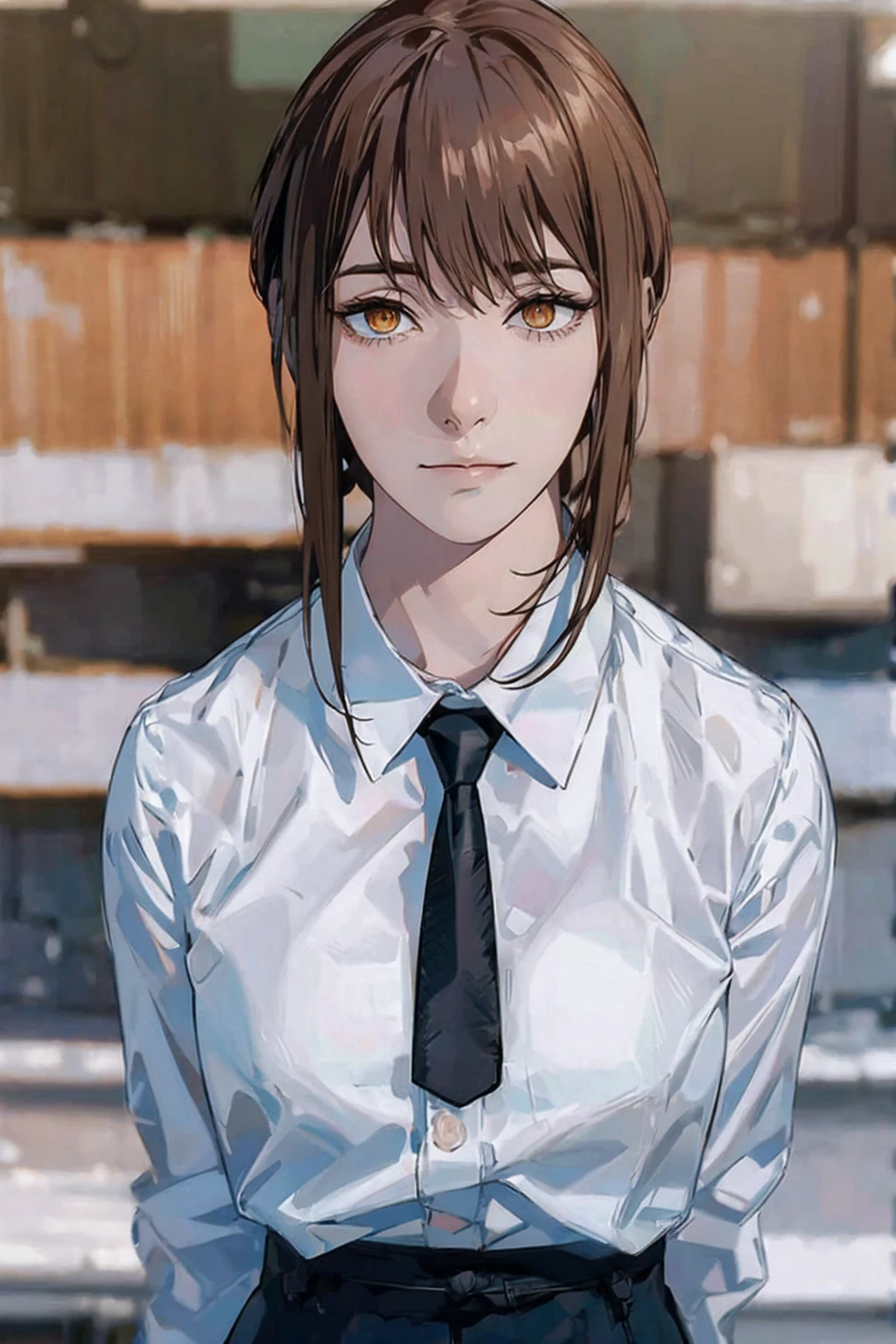 ( Front View ) Woman standing with her hands together in front of her chest, ( shirt, tie, pants:0.5) (Realistic detailed face), ((( High Details ))), zoomed out, Symmetrical face, Detailed Students, 's expressive eyes , compensate, Real Photo, Contemporary look, Real Photo (Realistic:1.5)
