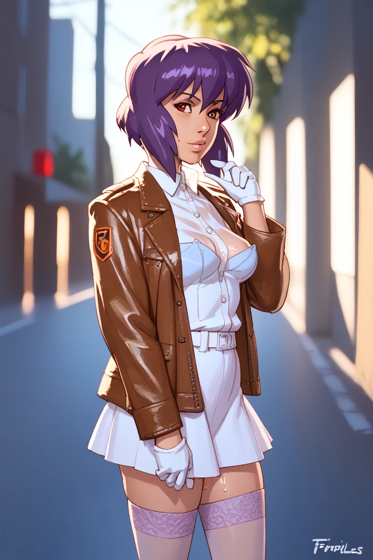 NSFW render of motoko kusanagi hentai scenes. motoko is alone in a dark and wet parking garage. she is wearing her tan military dress uniform. tan jacket, white undershirt, red dit, skirt, pantyhose. . author: (fossa666:1.5)r (taran fiddler:1.5),\ (pixel sketcher:1.4) masterpiece, detailed Bonifasko lighting, [crepuscular ray], best details, real life, depth of field, detailed background ; dim lighting, flashlight lighting, solo, . . ,female, (motoko kusanagi ), (\), ,, (motoko kusanagi:1.2), seductive walk, femme, genitals, , medium breasts, clear details, (, realistic sweaty skin textures, translucent body, you can see under her skin, , ,s, stand alone complex, various poses, ,, gloves, stockings, 1girl, one girl, 1girl, solo, 
