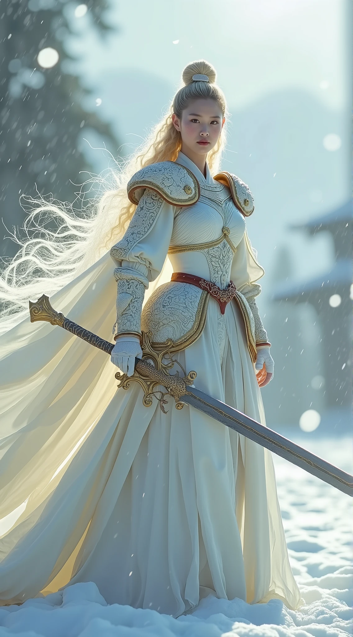 very beautiful korean girl 、 slender woman、( detailed face )、Realistic Skin、((Holy Knight)), ((Pearl White Armor))、(((( very finely decorated white armor:1.1))))、(( Delicate Pictures )),( Girl Astepeace RAW Photo Data :1.25), ( best quality :1.6), ( super A high resolution :1.5), (Realistic:1.75), 8k resolution, Canon EOS R5 , 50mm, absurd, super detailed, Film Lighting ,((battlefieldfield))、((battlefield))、(((White embroidered skirt)))、 thigh-length socks、Shin guards、(( blonde alone))、((Curly hair))、((Drill Hair))、(( Camera view from camera ,))、Get a six pack、Cape、Beautiful Armor、((( is a giant weapon )))、(During combat)、 The wind is blowing from、((Symmetrical Armor))、((((Blizzard))))、((( Lead a large group of knights :1.2)))、((banner、Armor with snow and gold dragons)) 、((( battle scene )))、((nsfw:1.1))