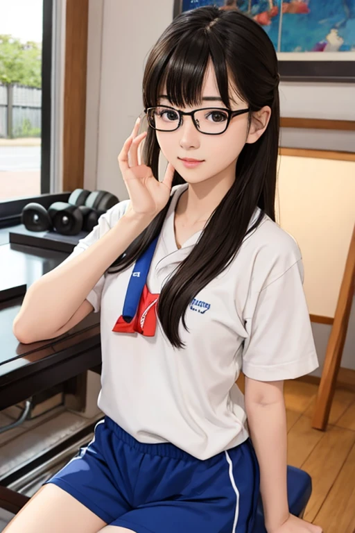 (( best quality)), ((傑 best quality、masterpiece、High sensitivity、 high definition 、 Details、 Delicate Facial Description)), Slender woman、Glasses、 gym clothes、Bloomer outfit、 gym sitting 、High school sports festival、
