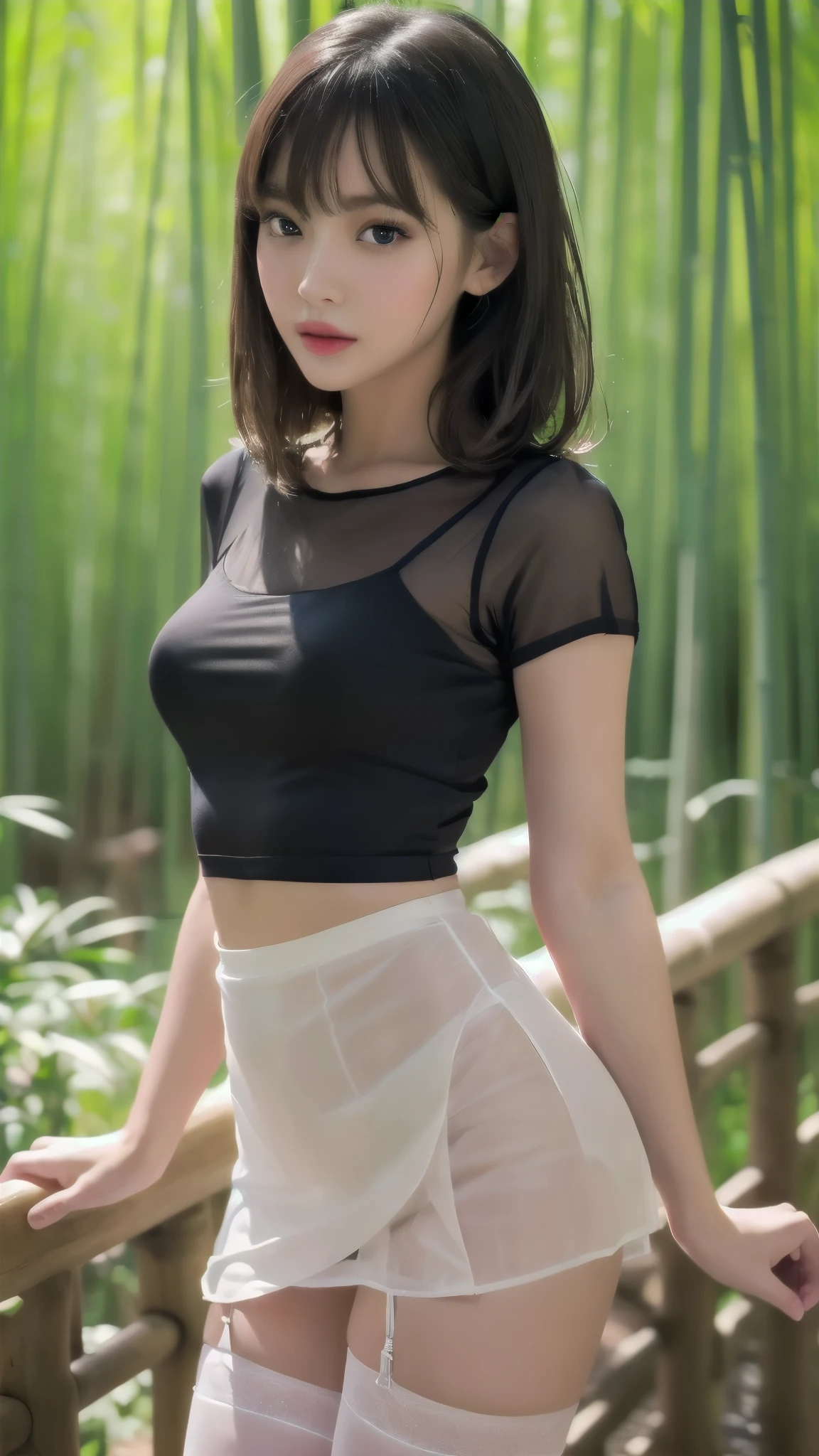 beautiful young woman, （pose of Long straight legs few opened）, （45％ of her height is her legss:2.0）, See here , she is  wet , red lips, slim figure with a slender waist, wearing  white sheer mesh mock and neck.black tight mini skirt, black stockings, standing in bamboo forest, (best quality, masterpiece:1.2), ultra-detailed, (realistic, photo-realistic:1.37), 1girl, beautiful detailed eyes, beautiful detailed lips, extremely detailed eyes and face, long eyelashes, serene, natural lighting, warm color tones, intricate details, highly detailed, cinematic composition, blush stickers, highres anatomically correct, blunt bangs, bangs, short hair, photorealistic, 4K, 8k