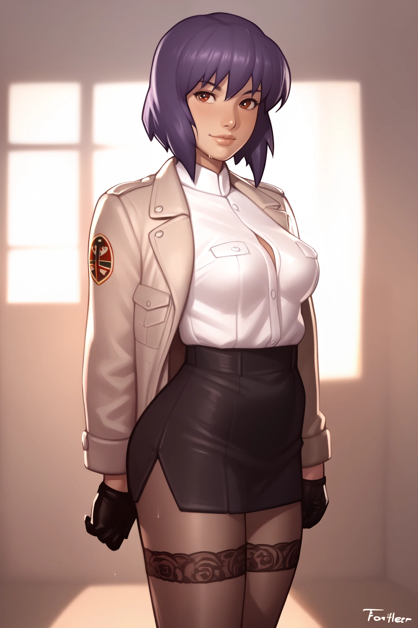 NSFW render of motoko kusanagi hentai scenes. motoko is alone in a dark and wet parking garage. she is wearing her tan military dress uniform. tan jacket, white undershirt, red dit, skirt, pantyhose. . author: (fossa666:1.5)r (taran fiddler:1.5),\ (pixel sketcher:1.4) masterpiece, detailed Bonifasko lighting, [crepuscular ray], best details, real life, depth of field, detailed background ; dim lighting, flashlight lighting, solo, . . ,female, (motoko kusanagi ), (\), ,, (motoko kusanagi:1.2), seductive walk, femme, genitals, , medium breasts, clear details, (, realistic sweaty skin textures, translucent body, you can see under her skin, , ,s, stand alone complex, various poses, ,, gloves, stockings, 1girl, one girl, 1girl, solo, 
