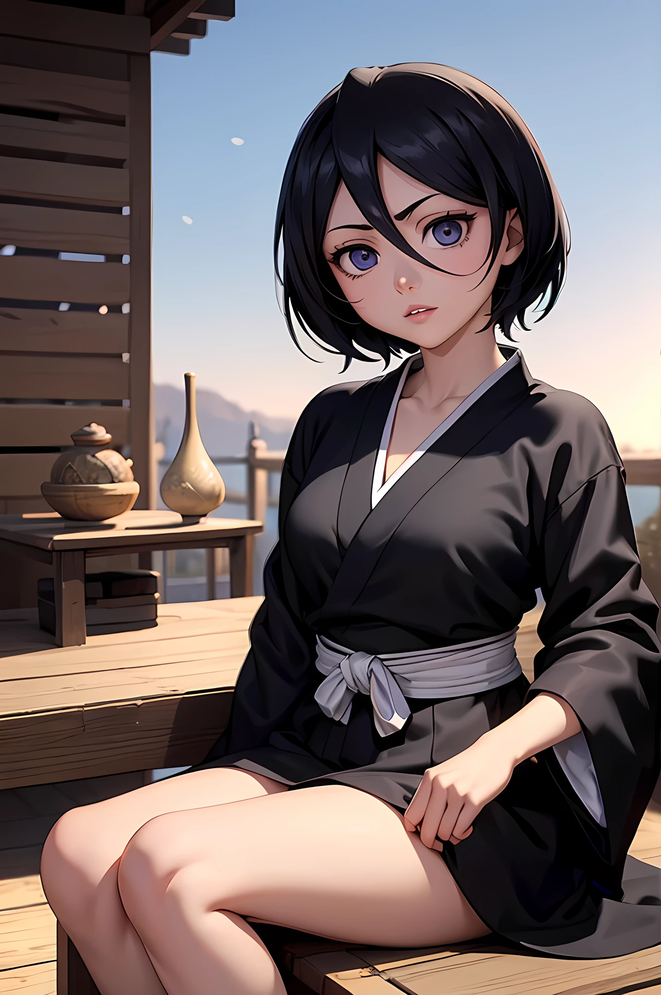 rich in detail, Incredible lines of color and detailed lighting, amazing detailed face, amazing detailed hair, incredible detailed eye, amazing detailed nose, amazing detailed lips. a young and beautiful girl wearing a black kimono and with her hand in her short black hair, with a smile on her face rukia kuchiki, bleach, Sitting on knees , parted knees, cleavage, seductive smile, cowboy shot