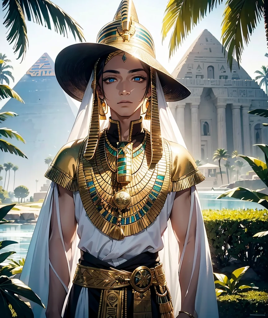 in the shade of a magnificent palm tree around a green oasis where clear and lively water flows. a magnificent man with a traditional outfit of ancient Egypt, his eyes are visible. He has magnificent ultra detailed golden eyes, his pupils are dilated and his iris is ultra detailed and a magnificent amber color with shades of blue and green. His gaze is intense and warm. The environment is magnificent and full of life. He stands facing and looks sideways towards the setting sun between two large white and gold pyramids and reflecting its soft light on their surface which is like a mirror. Close-up on his gaze. His outfit is magnificent with intricate patterns in gold and white colors. there are Egyptian cats around him. He wears black Egyptian makeup around his eyes which has the effect of increasing tenfold the beauty and magnificence of his deep and burning and icy gaze at the same time.