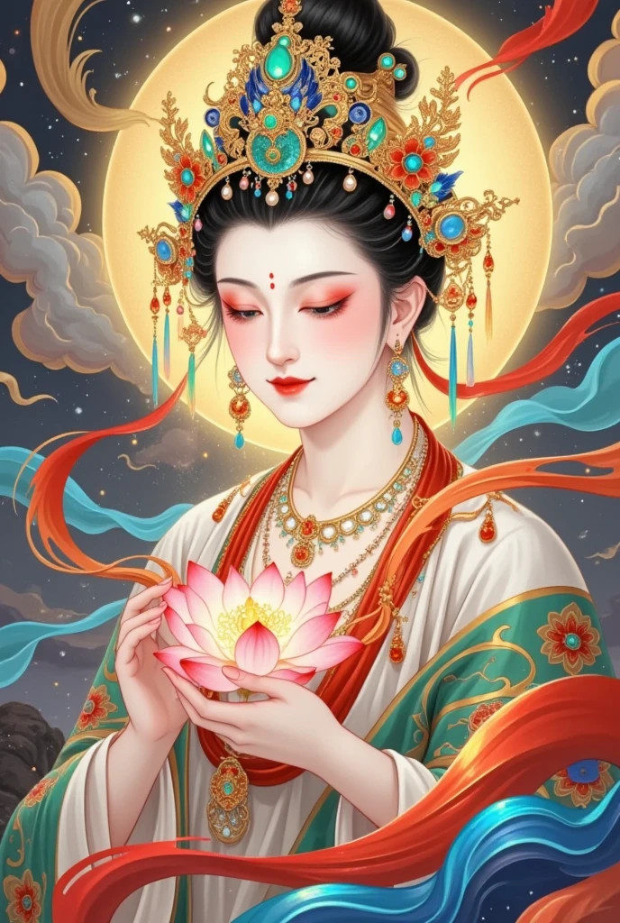 thangka illustration。Flying，flowing red silk， A beautiful goddess with a golden cloud and sky background,Portrait of a very beautiful girl，Statue of Tara Bodhisattva ， red eyeshadow， red face ，Red lips，，front， skin details ，Fine hair。Crown(Dot emerald +Cloisonne+ filigree enamel+flower+pearl+tassel)， upper body , 手持莲flower .  fair skin ,  is surrounded by clouds， with a golden halo on her face .(((yarn， red silk streamer)))
golden fantasy 。Glowing particles。 ray tracing 。