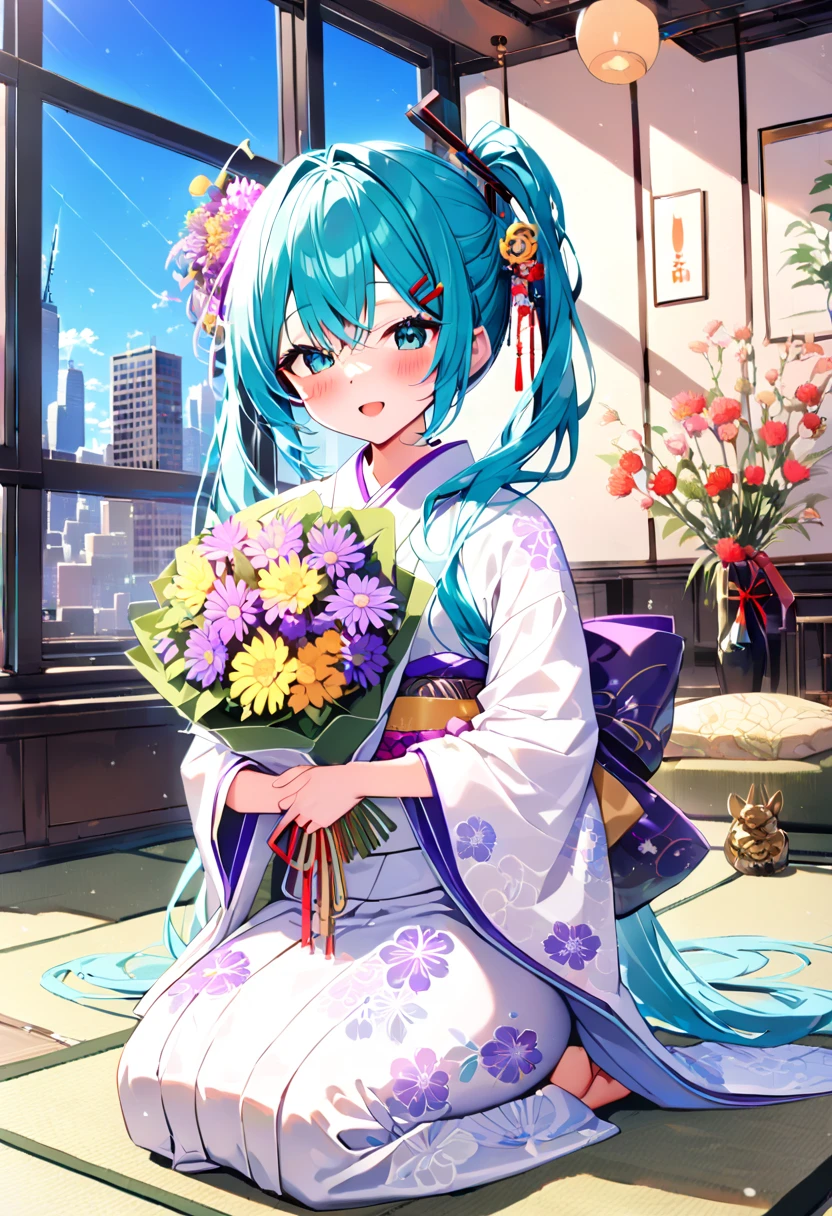 (hatsune miku:1.2), (blush:1.4), (gleaming skin, shiny skin:1.4), (kimono, gorgeous:1.4), (japanese hairpin:1.4), (seiza:1.4), (new york aster bouquet:1.4), (luxurious penthouse, indoor rooftop japanese livingroom, wooden, tatami:1.4),