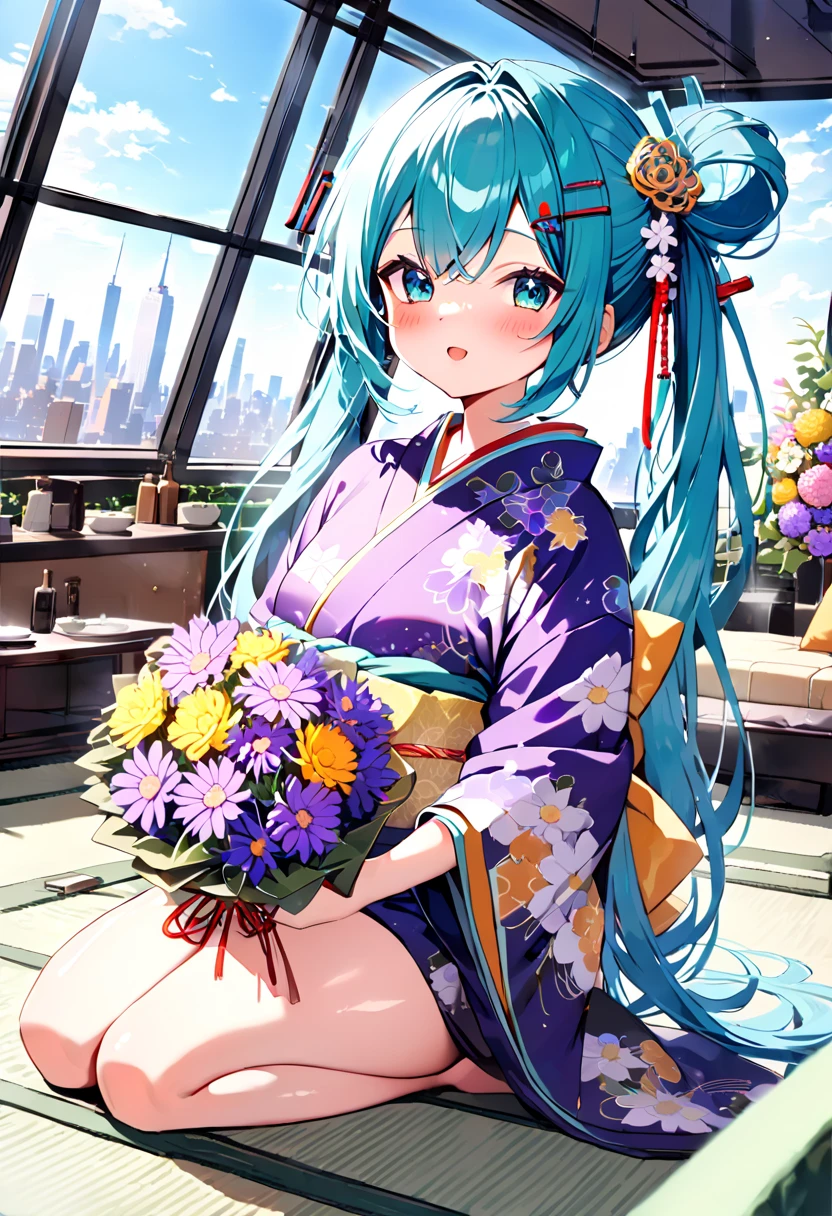 (hatsune miku:1.2), (blush:1.4), (gleaming skin, shiny skin:1.4), (kimono, gorgeous:1.4), (japanese hairpin:1.4), (seiza:1.4), (new york aster bouquet:1.4), (luxurious penthouse, indoor rooftop japanese livingroom, wooden, tatami:1.4),