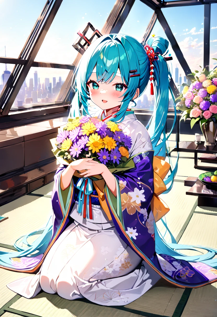 (hatsune miku:1.2), (blush:1.4), (gleaming skin, shiny skin:1.4), (kimono, gorgeous:1.4), (japanese hairpin:1.4), (seiza:1.4), (new york aster bouquet:1.4), (luxurious penthouse, indoor rooftop japanese livingroom, wooden, tatami:1.4),