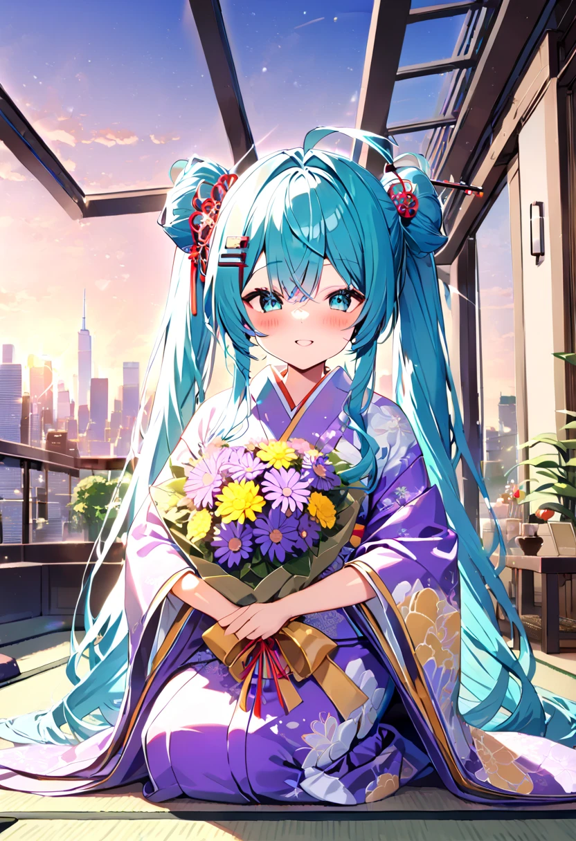 (hatsune miku:1.2), (blush:1.4), (gleaming skin, shiny skin:1.4), (kimono, gorgeous:1.4), (japanese hairpin:1.4), (seiza:1.4), (new york aster bouquet:1.4), (luxurious penthouse, indoor rooftop japanese livingroom, wooden, tatami:1.4),