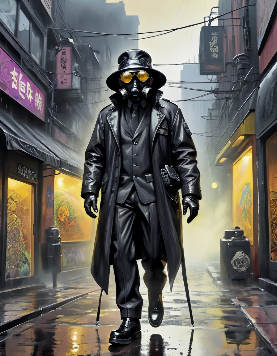 Black Rain, Mad Gasser, painting of a Mad Gasser in the Black Rain, Mad Gasser walking in the Black Rain, Wearing a gas mask with tinted goggles, Black hat, black cape, tight black leather suit, Compact backpack sprayer, Whole body all black. Art of Enki Bilal, Inspired by Enki Bilal. Cyberpunk Style, Decadent scenery, Doomsday City, Crazy World. Intense psychedelic art, Underground comix, Hatching Techniques. Poison gas art