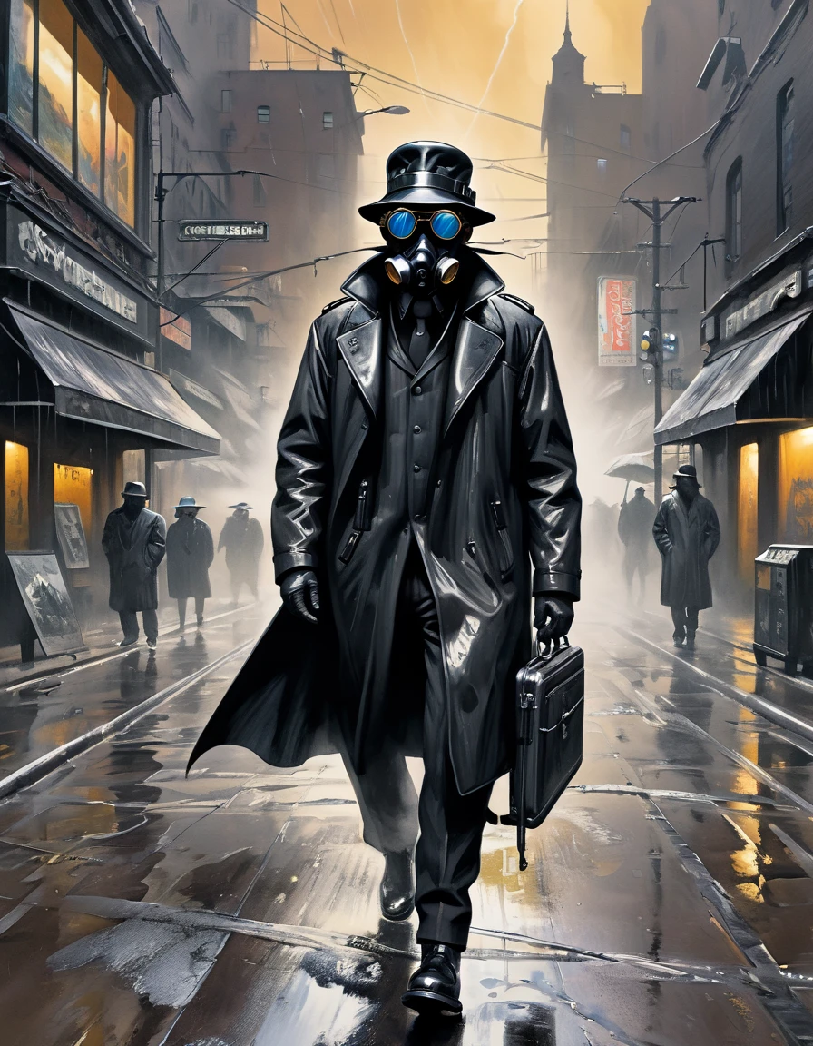 Black Rain, Mad Gasser, painting of a Mad Gasser in the Black Rain, Mad Gasser walking in the Black Rain, Wearing a gas mask with tinted goggles, Black hat, black cape, tight black leather suit, Compact backpack sprayer, Whole body all black. Art of Enki Bilal, Inspired by Enki Bilal. Cyberpunk Style, Decadent scenery, Doomsday City, Crazy World. Intense psychedelic art, Underground comix, Hatching Techniques. Poison gas art