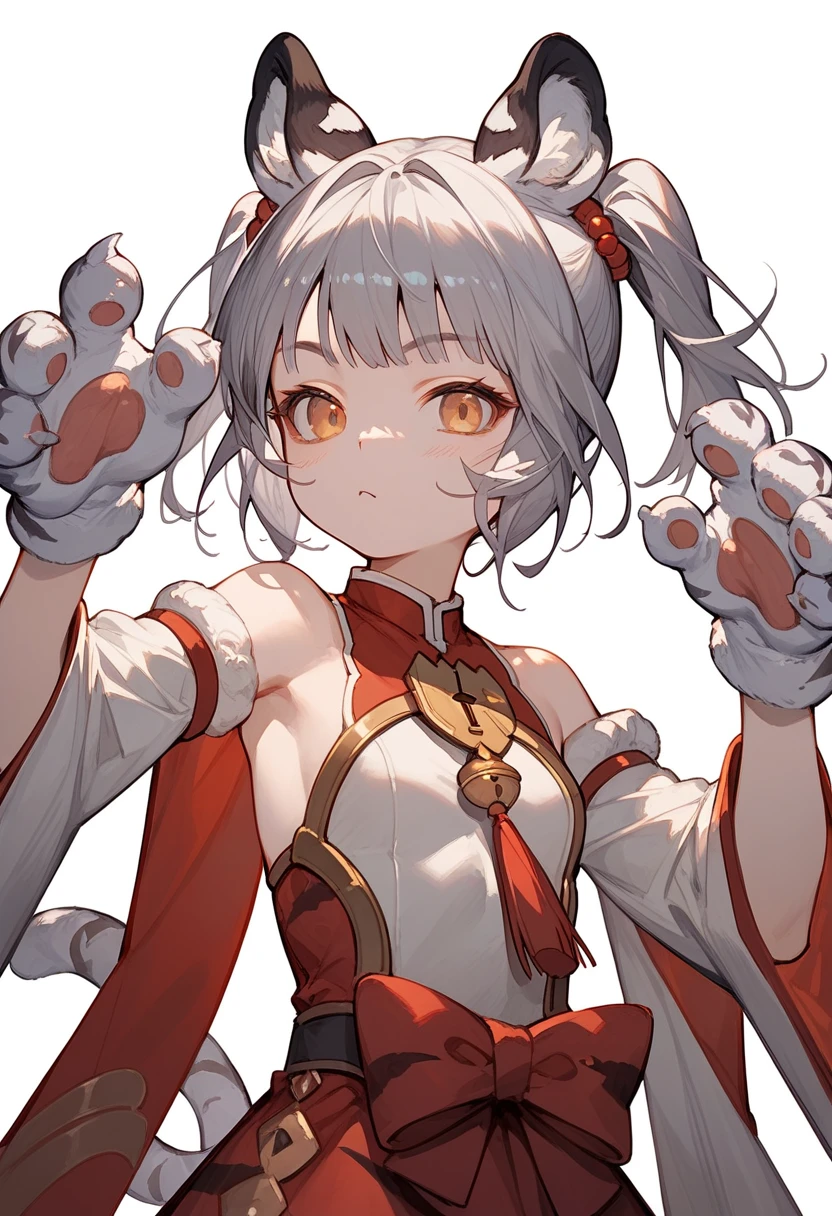 Masterpiece, 1girl,solo,bai and huang, animal ears,silver hair,small breasts,dress,bare shoulders,wide sleeves,sleeveless,hands up,animal hands,tiger paws,white fur, white background, simple background, upper body, score_9,score_8_up,score_7_up,score_6_up,