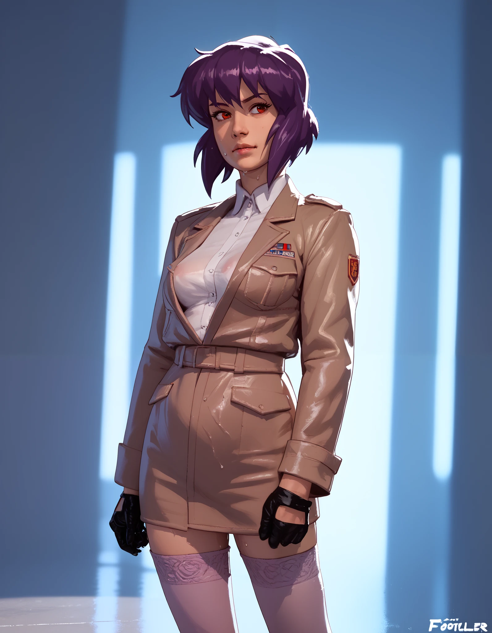 NSFW render of motoko kusanagi hentai scenes. motoko is alone in a dark and wet parking garage. she is wearing her tan military dress uniform. tan jacket, white undershirt, red dit, skirt, pantyhose. . author: (fossa666:1.5)r (taran fiddler:1.5),\ (pixel sketcher:1.4) masterpiece, detailed Bonifasko lighting, [crepuscular ray], best details, real life, depth of field, detailed background ; dim lighting, flashlight lighting, solo, . . ,female, (motoko kusanagi ), (\), ,, (motoko kusanagi:1.2), seductive walk, femme, genitals, , medium breasts, clear details, (, realistic sweaty skin textures, translucent body, you can see under her skin, , ,s, stand alone complex, various poses, ,, gloves, stockings, 1girl, one girl, 1girl, solo,
