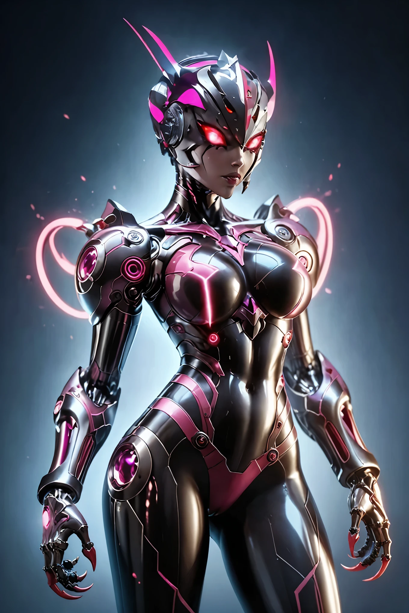 Ultraman girl. SF style. Black body. Cyborg style. Red, purple and pink accents. Latex body. Matte texture. Glowing core. Armor. Angular helmet. Sharp claws. Blade on the arm. Mechanical eyes.