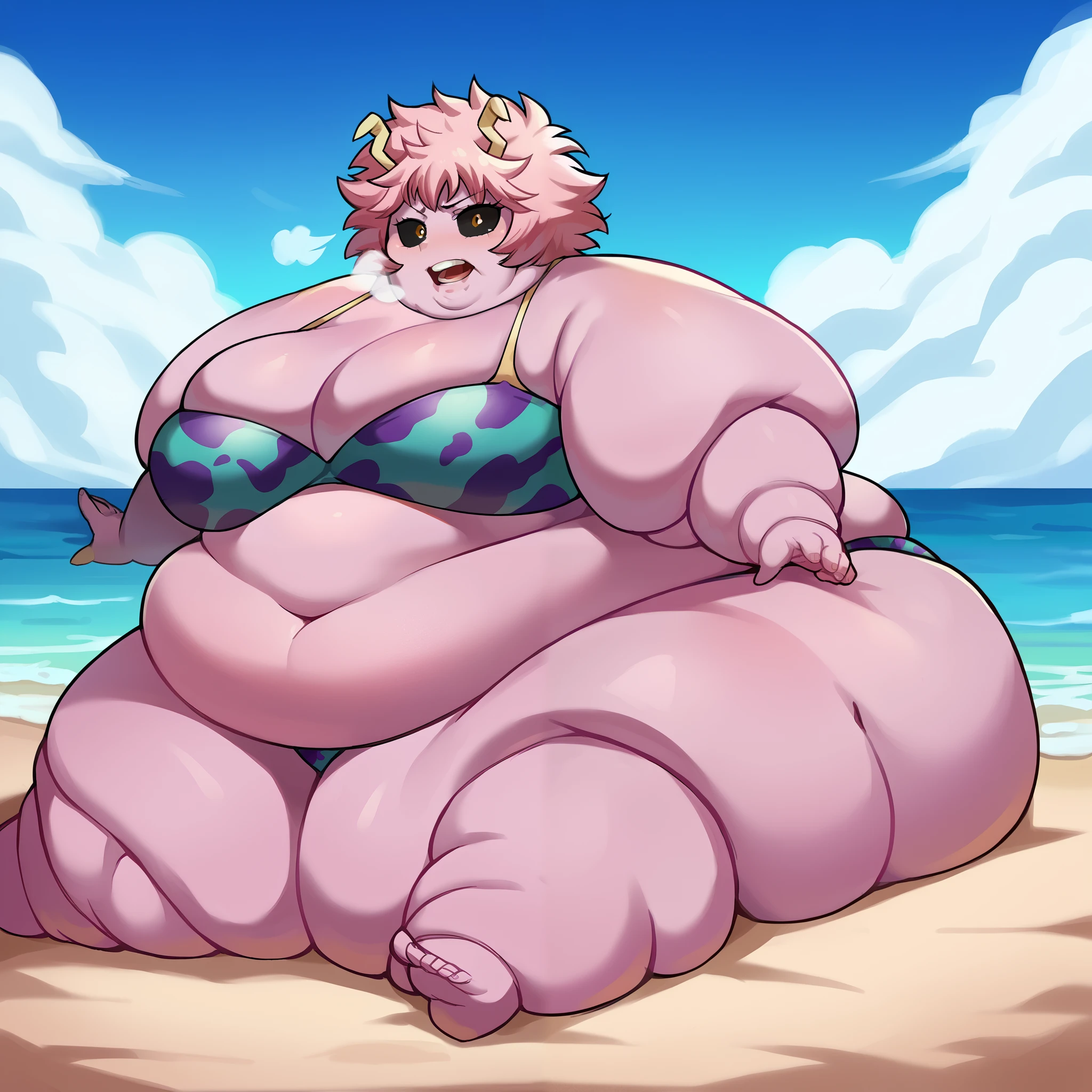 score_9, score_8_up, score_7_up, source_anime,
Mina Ashido, pink skin,
bare shoulders, beach, swimsuit, bikini,
looking at viewer,  fat, chubby, obese, gigantic arms and legs, large breasts open mouth, out of breath, full body shot, fat face, swollen face, chubby face, double chins, sitting down, being forced fed, force feeding 