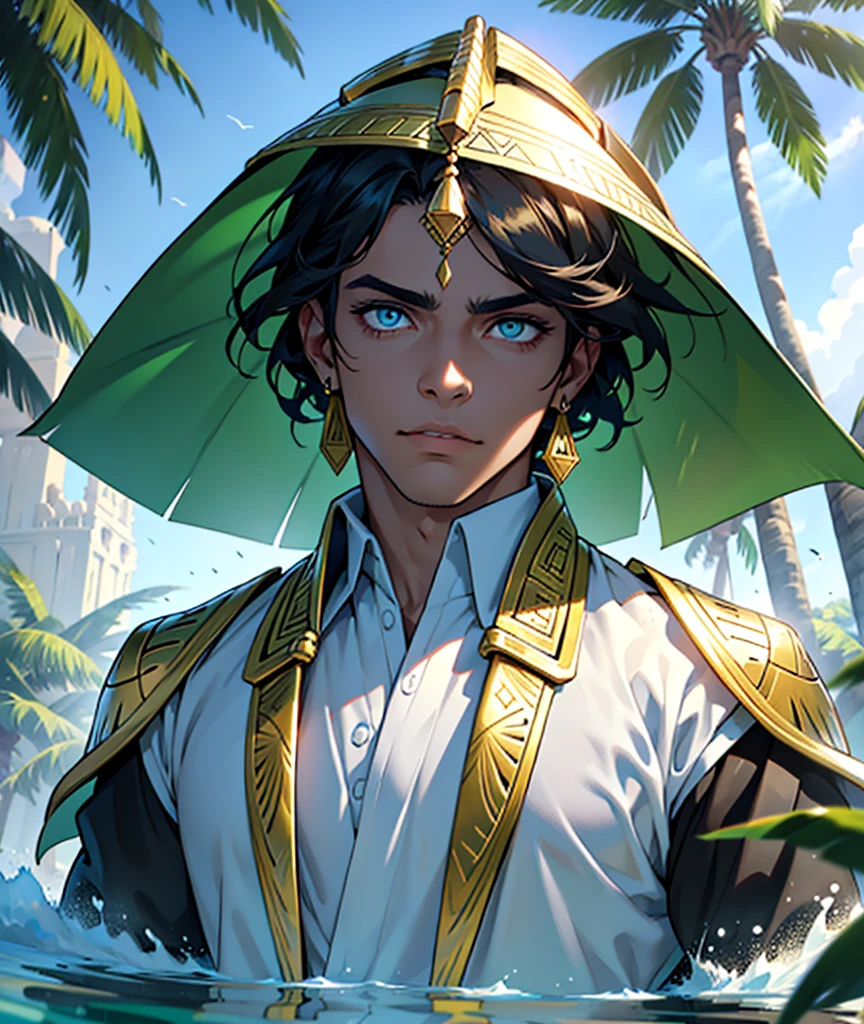 in the shade of a magnificent palm tree around a green oasis where clear and lively water flows. a magnificent man with a traditional outfit of ancient Egypt, his eyes are visible. He has magnificent ultra detailed golden eyes, his pupils are dilated and his iris is ultra detailed and a magnificent amber color with shades of blue and green. His gaze is intense and warm. The environment is magnificent and full of life. He stands facing and looks sideways towards the setting sun between two large white and gold pyramids and reflecting its soft light on their surface which is like a mirror. Close-up on his gaze. His outfit is magnificent with intricate patterns in gold and white colors. there are Egyptian cats around him. He wears black Egyptian makeup around his eyes which has the effect of increasing tenfold the beauty and magnificence of his deep and burning and icy gaze at the same time.