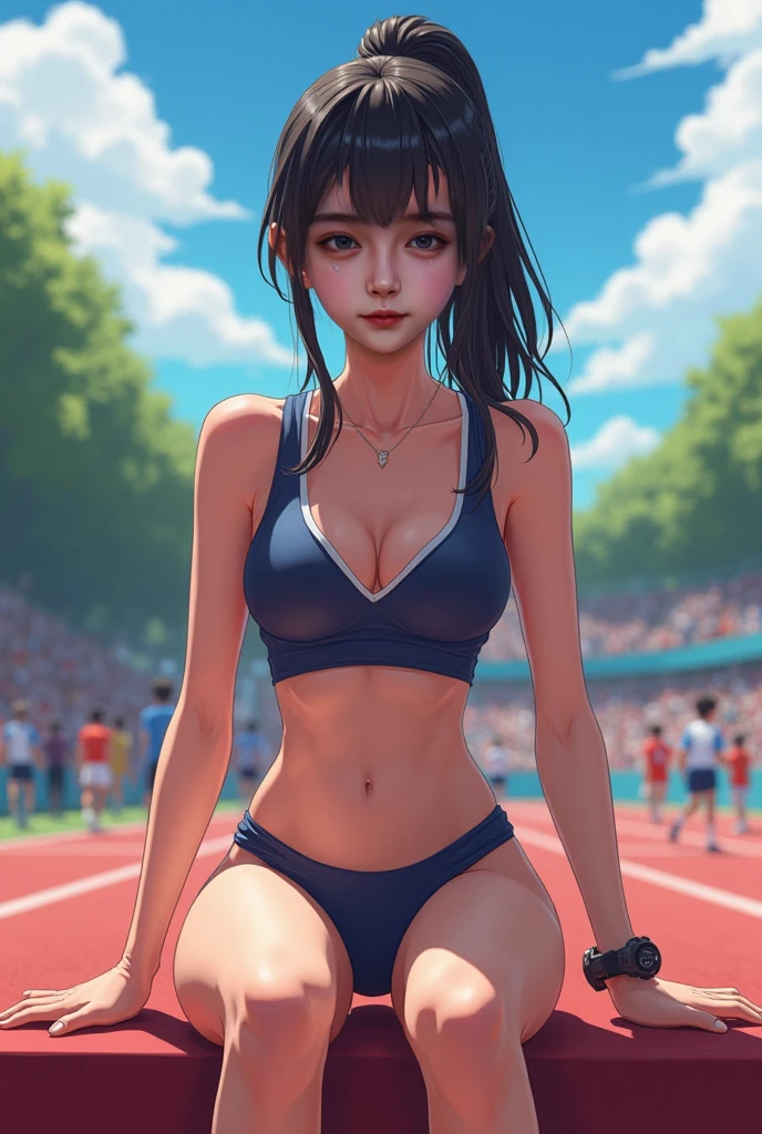 Track and field club、Female university student、1、Japanese、Cute face like an idol、Track and field clubユニフォーム、Sweating、Uniforms that expose a lot of skin、sexy、ponytail、I have a little muscle、The abdominal muscles are lightly cracked、Realistic images、(best quality,4K,8k,highres,masterpiece:1.2),ultra-detailed,(realistic,photorealistic,photo-realistic:1.37),HDR,uhd,studio lighting,ultra-fine painting,sharp focus,physically-based rendering,extreme detail description,professional,vivid colors,bokeh,cinematic lighting,dramatic shadow、High resolution, High-resolution model, Retina, Textured skin, Ultra high definition, 