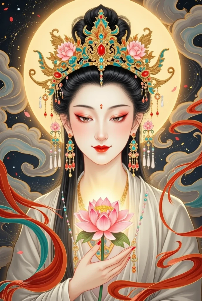  gold。thangka illustration。Flying，flowing red silk， A beautiful goddess with a background of golden clouds and sky,Portrait of a very beautiful girl，Statue of Tara Bodhisattva ， red eyeshadow， red face ，Red lips，，front， skin details ，Fine hair。Crown(Dot emerald +Cloisonne+ filigree enamel+flower+pearl+tassel)， upper body , 手持莲flower .  fair skin , Surrounded by clouds ， with a golden halo on her face .(((yarn，Red Silk Streamer )))
golden fantasy 。Glowing particles。 ray tracing 。