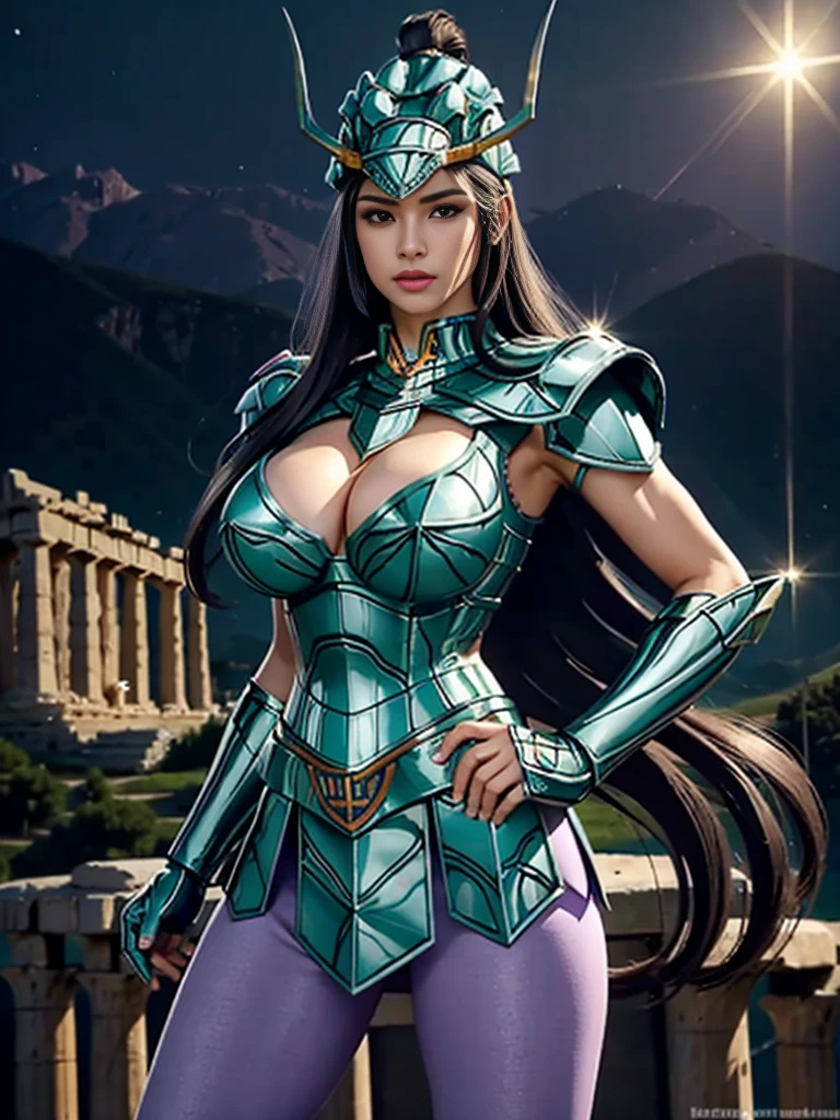 masterpiece, best quality, ultra high res, realistic skin texture, armature, (photorealistic:1.4), high resolution, raw photo, shiny skin, realistic skin texture, best lighting, sparkle, dramatic lighting, dynamic pose, (greek temple background:1.3), night sky, cosmos, milky way, 1girl, (medium breast:1.1), balanced eyes, Dragon Shiryu wearing green silver armor, purple pants, purple short sleeve shirt, wearing dragon helmet, roman skirt plate, (breast plate:1.5), very long hair, cleavage,Standing on a rocky mountain on a moonlit night