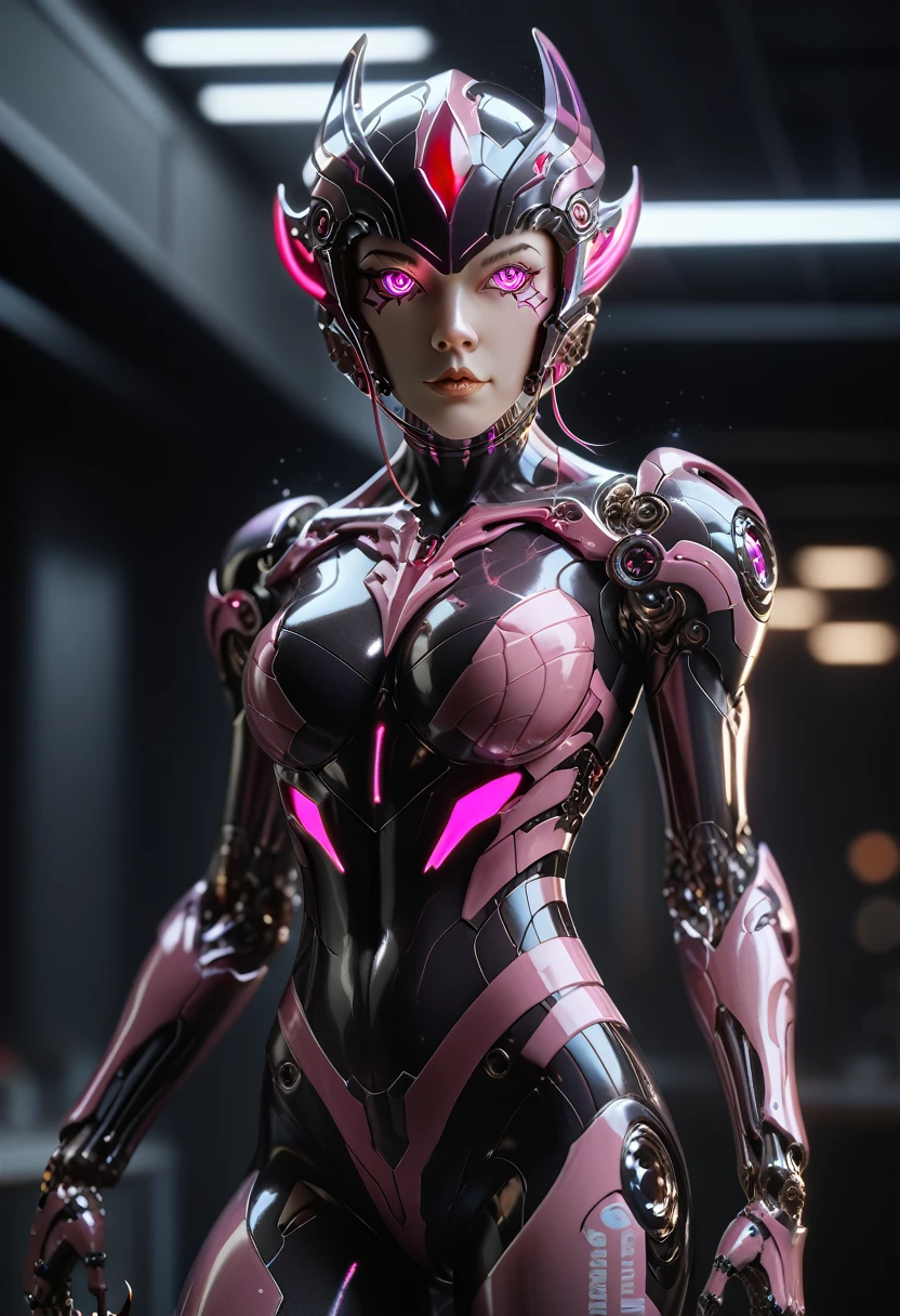 Ultraman girl. SF style. Black body. Cyborg style. Red, purple and pink accents. Latex body. Matte texture. Glowing core. Armor. Angular helmet. Sharp claws. Blade on the arm. Mechanical eyes.