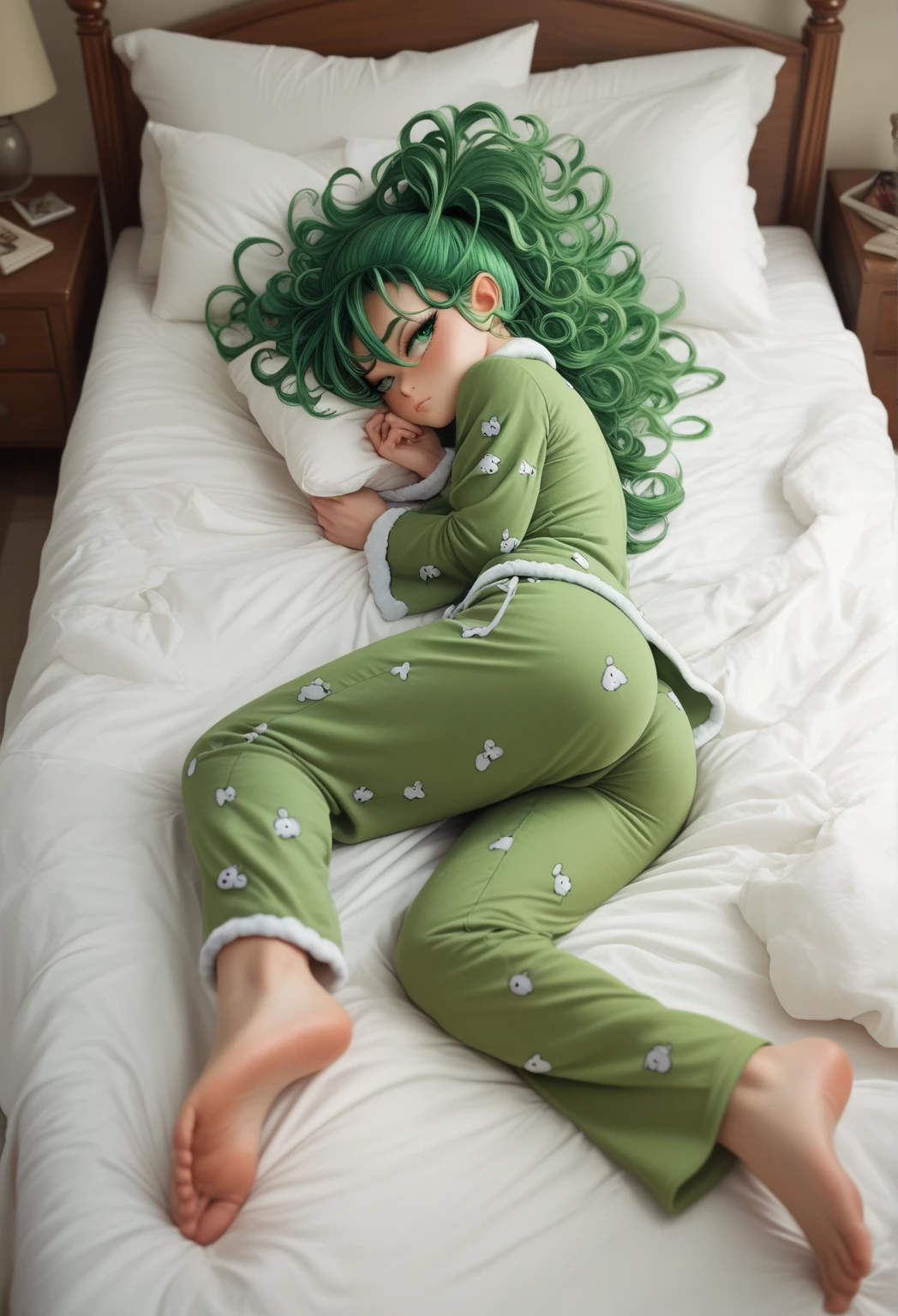 tatsumaki,green hair,curly hair,green eyes, long hair,small breast , Ponytail,
, High Resolution, Masterpiece, High Quality, Bangs, Hair Over One Eye, pajamas , on bed, feet, sleepy, lying on bed, green pajamas , cozy, ass
