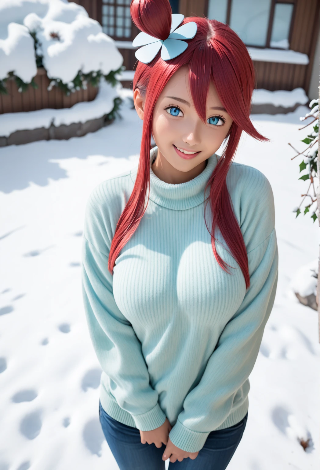 BREAK source anime, aaskyla, red hair, one side up, hair ornament, sidelocks, dark-skinned female, blue eyes, large breasts,  alternative outfit, 1 beautiful girl, black and green fantasy pullover, warm, cold, winter, void, cute smile, from above,