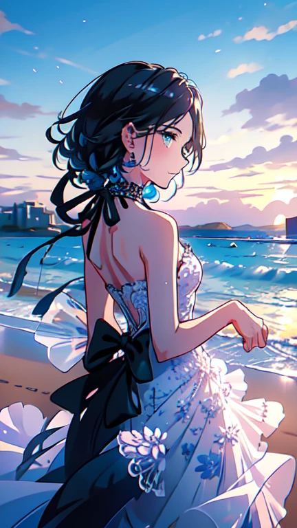 art by Cornflower,(masterpiece:1.2),(4K), High Quality ,( 1 girl),(Alone),( small breasts),(( straighten his back )),Long black hair,Blue eyes with beautiful details, has a smiling face ,In the fantastic beauty of the sunlight,  Elegant Gothic Princess ,White short gothic dress,White Gothic Witch Outfit,Bokeh,  quiet eco-friendly light spreads out , Delicate petals blend into intricate patterns,((In front of the beach)),Blue sky with clouds , adds a dramatic and iconic element to the scene,Dreamy and romantic, Fantastic and Dreamy Themes , Film Lighting 