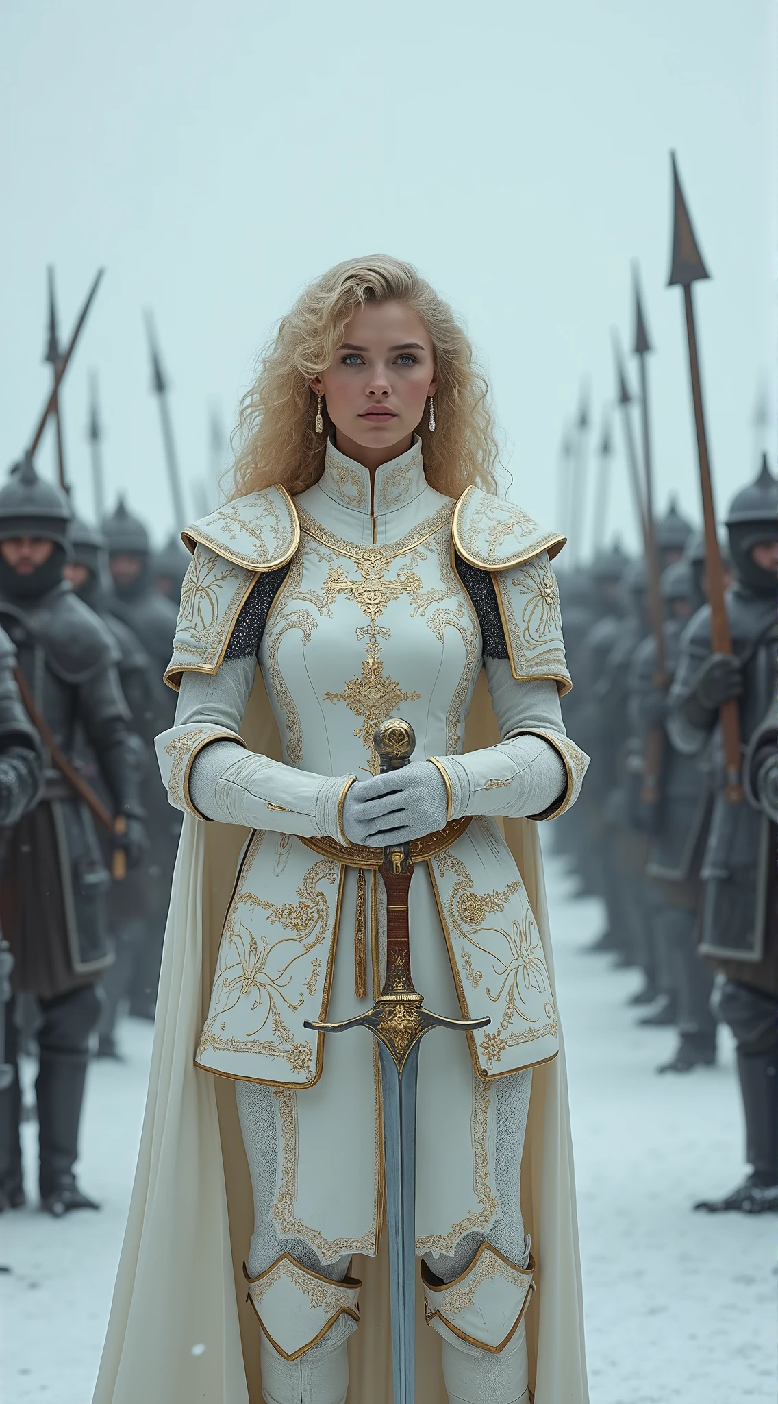 very beautiful busty russian girl 、 slender woman、( detailed face )、Realistic Skin、((Holy Knight)), ((Pearl White Armor))、(((( very finely decorated white armor:1.1))))、(( Delicate Pictures )),( Girl Astepeace RAW Photo Data :1.25), ( best quality :1.6), ( super A high resolution :1.5), (Realistic:1.75), 8k resolution, Canon EOS R5 , 50mm, absurd, super detailed, Film Lighting ,((battlefieldfield))、((battlefield))、 (beautiful and ample breasts:1.5) and a huge waist, (((White embroidered skirt)))、 thigh-length socks、Shin guards、(( blonde alone))、((Curly hair))、((Drill Hair))、(( Camera view from camera ,))、Get a six pack、Cape、Beautiful Armor、((( is a giant weapon )))、(During combat)、 The wind is blowing from、((Symmetrical Armor))、((((Blizzard))))、((( Lead a large group of knights :1.2)))、((banner、Armor with snow and gold dragons)) 、((( battle scene )))、((nsfw:1.1))
