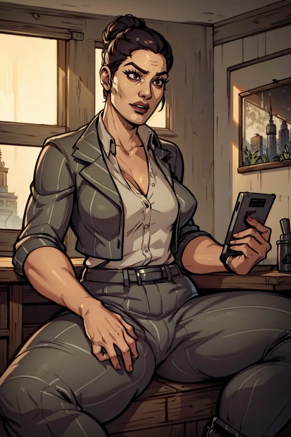 Digital art, highly detailed, angled view, sexy sitting pose, legs spread apart, mature woman, adult female, plump figure, whole body, form-fitting, Jane Romero (Dead by Daylight game) inspired costume, pinstriped blazer, blouse, belt, pinstriped baggy pants that ends above the ankle, belt, flat office heels, 1woman, solo, upper body, lower body, ((Extremely Detailed)), ((Best Quality)), ((Masterpiece)), ((4k)).
