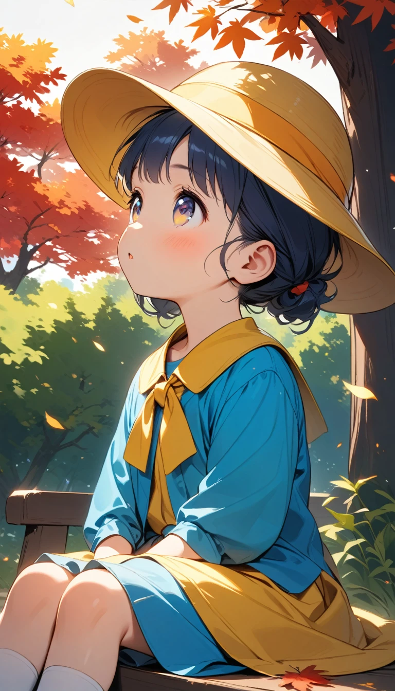 A kindergartner wearing a blue uniform and a yellow anime-style hat, sitting under a vibrant maple tree and looking up in wonder.

