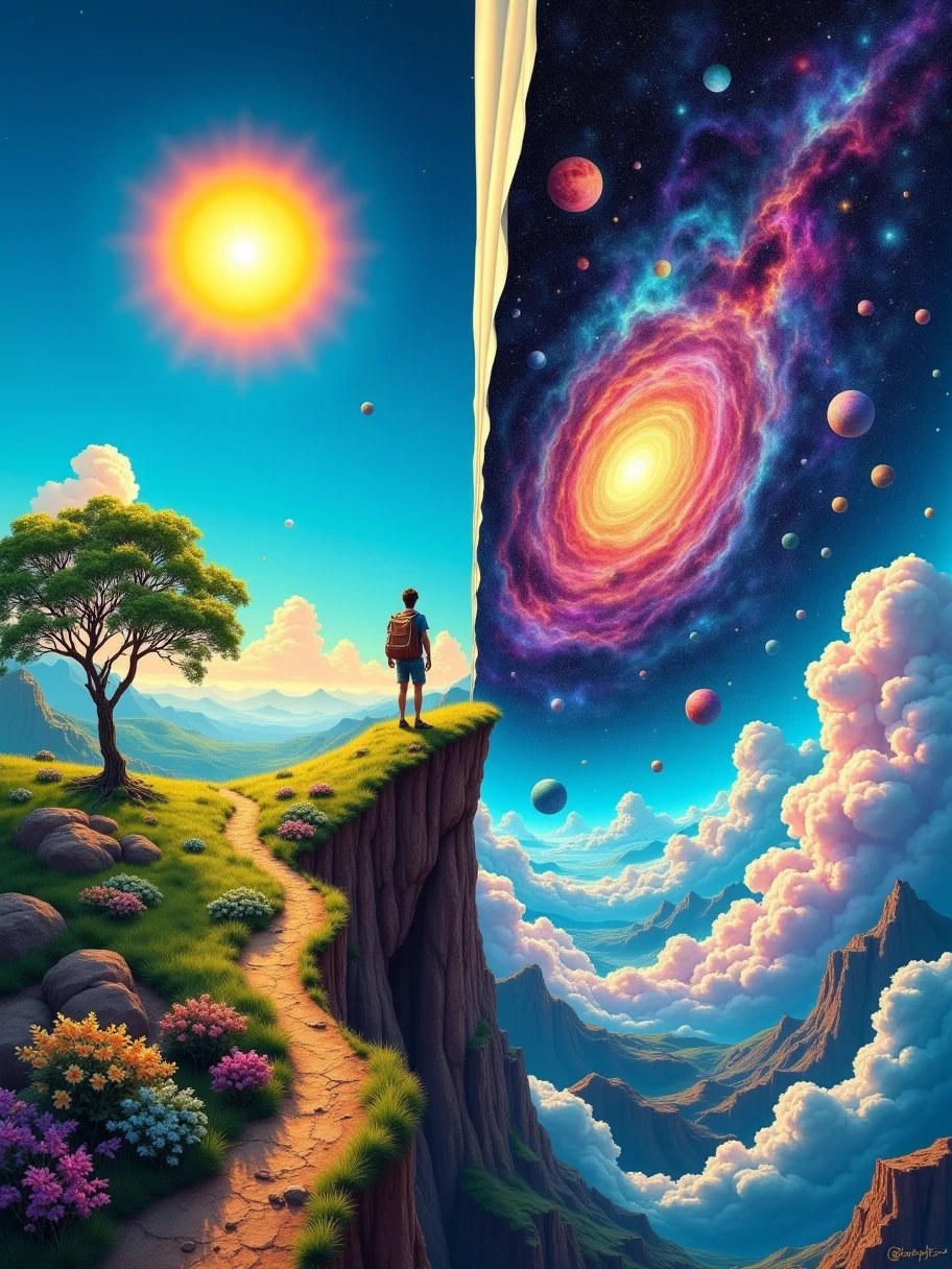 A surreal, 3D DMT-core vision inspired by an ancient cosmic illustration, depicting a traveler standing on the edge of existence, peering beyond the boundaries of the known world. The scene is split diagonally into two realms: one reveals a vibrant landscape with a radiant sun, lush greenery, and a tree under a clear blue sky, while the other unveils a mystical universe filled with stars, celestial spheres, and ethereal clouds in psychedelic colours. The sky is peeled back like a veil, exposing layer after layer of existence, as the figure leans forward, bridging reality and the cosmos. This intricate, mind-bending scene captures the sense of spiritual exploration and the schizophrenic wonder of discovering hidden dimensions, where earthly and cosmic worlds converge in a kaleidoscope of colours and patterns, inviting an endless journey into the unknown.