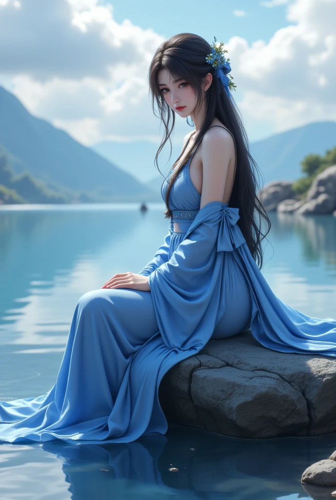 Anime girl with long hair and blue dress sitting on a rock by the water,  a beautiful fantasy queen,  beautiful and attractive anime woman ,  beautiful girl,  Beautiful digital art , Beautiful fantasy girl, Japanese Goddess, author：Fan Qi, 8k high quality detailed art, 2.  5D CGI anime fantasy art ,  trending on cgstation ,  artwork taking into account Wei style 
